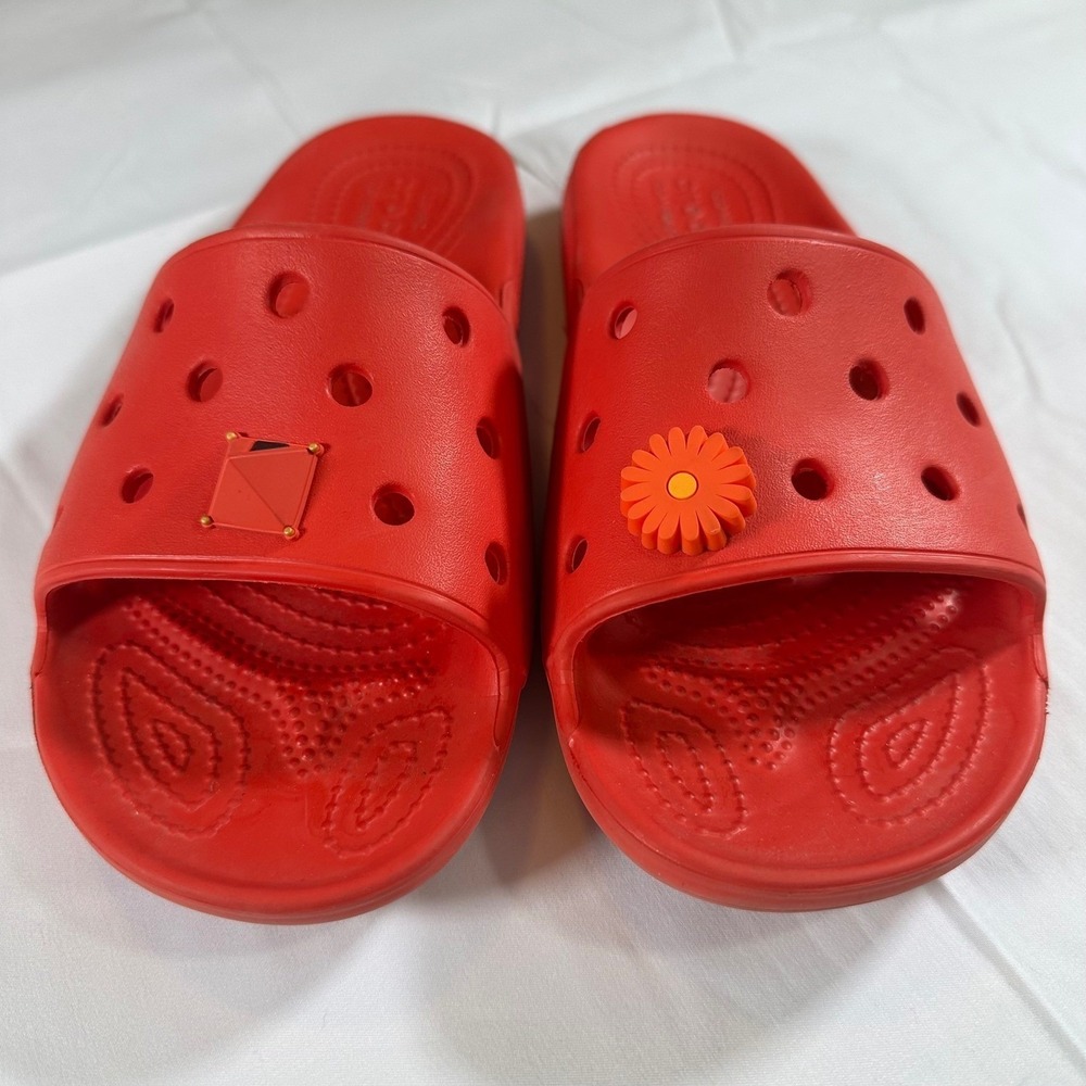 Crocs Ionic Comfort Red Slides Sandals Matching Charms Jibbitz W 7 M 5 Flower - Picture 2 of 7